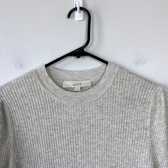 Loft Shimmer Puff‎ Sleeve Sweater Gray Ribbed Crewneck Pullover Size Medium - Picture 3 of 8